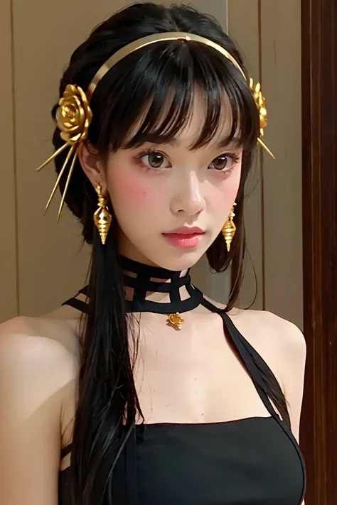 (masterpiece) , (best quality) , yor briar, solo , bare shoulders, black dress, black hair, dress, earrings, flower, hair flower, hair ornament, hairband, jewelry, medium breasts, long hair, red eyes, sidelocks, sleeveless ,