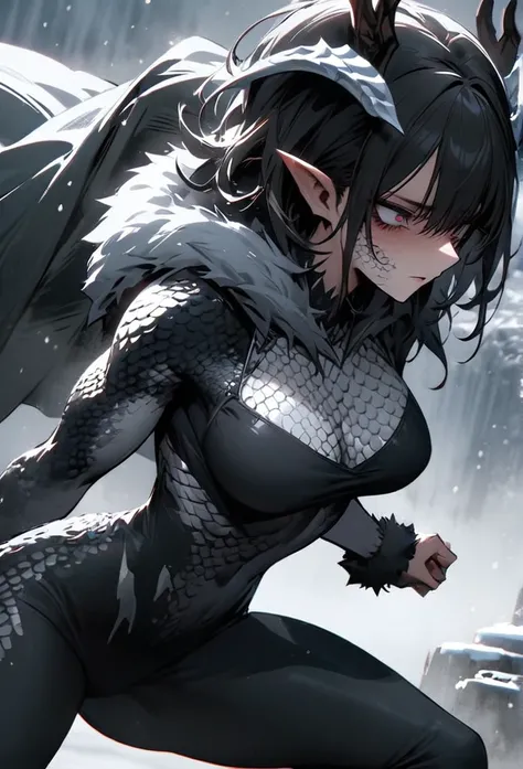 (High resolution, best quality, masterpiece), detailed, ultra detail, 1female, physically fit, curvy, slender body, fierce expression, dark eyes, (detailed eyes), black hair, short length hair, full body, ((dragon horns)), ((face: dragon scales)), face cov...