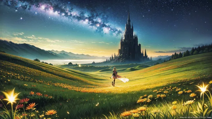 a 16:9 anime-style illustration depicting a female elf adventurer traveling through a fantastical grassland at night. the elf is...