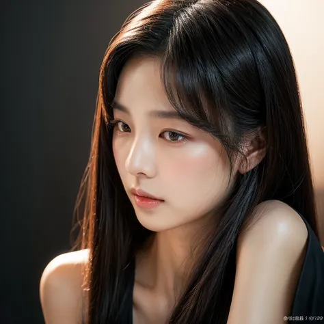 ((best quality)), ((masterpiece)), (detailed) A young korean woman with a fair complexion poses elegantly against a dark background. She has her hair tied back and is wearing a black spaghetti-strap top. Her expression is calm and serene, with a slight tou...