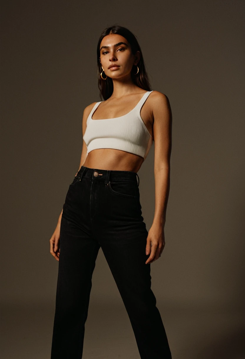 color digital photograph of Bruna Costa a slavic woman, pale skin, long dark golden hair, (minimalist woman), (a black turtleneck), (straight-leg jeans), (white sneakers), (black tote bag), (gold hoop earrings), (natural makeup), (sleek hairstyle). and Esp...