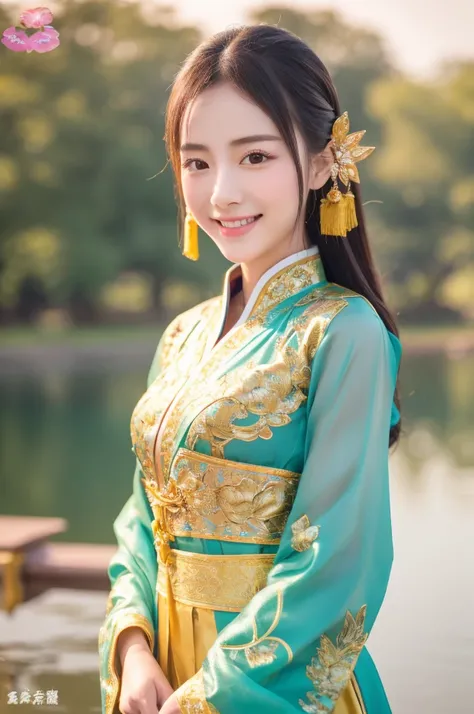 best quality, 8k, very delicate and beautiful, highly detailed face and skin texture, shiny skin, high resolution, beautiful chinese girl in chinese traditional costume stand and smile at lake, sharp focus