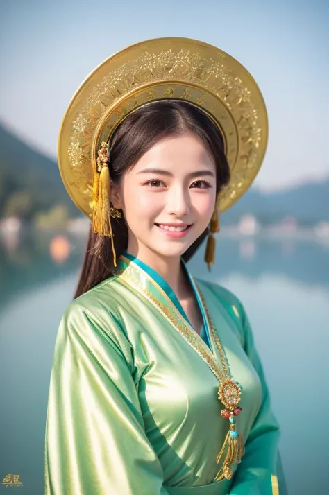 best quality, 8k, very delicate and beautiful, highly detailed face and skin texture, shiny skin, high resolution, beautiful chinese girl in chinese traditional costume stand and smile at lake, sharp focus