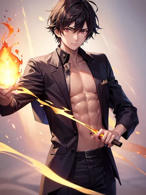 Anime, young guy, daemon, holds fire in his hands near his chest