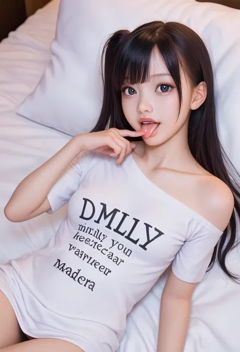 pastel colors colors t-shirt,off-shoulder look,bare shoulder,ollarbone,midriff peek,(open mouth:1.5),(tongue out:2),lying,finger to mouth,One hand between your legs,overhead shot,front view,face focus,(1girl,Beautiful 14 year old girl),((Slender,Small brea...