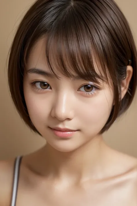 Highest quality, Face Focus, Soft Light, Ultra-high resolution, (Realistic:1.4), RAW Photos, 1 Japanese girl, alone, cute, (A shy smile:0.7), (Brown eyes, Light in your eyes), Beautiful face in every detail, (Small box),(High resolution detail of human ski...