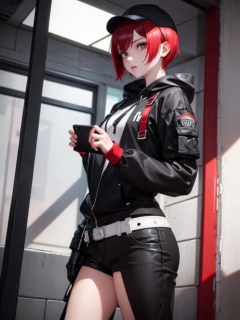 (((onli one woman))) girl with short red Bob style hair, white skin, light brown eyes, black gloves, black hoodie on head, black pants with straps [Girl using a smartphone]