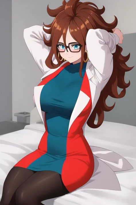 android21, 1girl, solo, blue eyes, brown hair, long hair, curly hair, hair between eyes, jewelry, hoop earrings, glasses,
checkered dress, two-tone dress, multicolored dress, tight dress, turtleneck, black pantyhose, labcoat, long sleeves,
smile,closed mou...