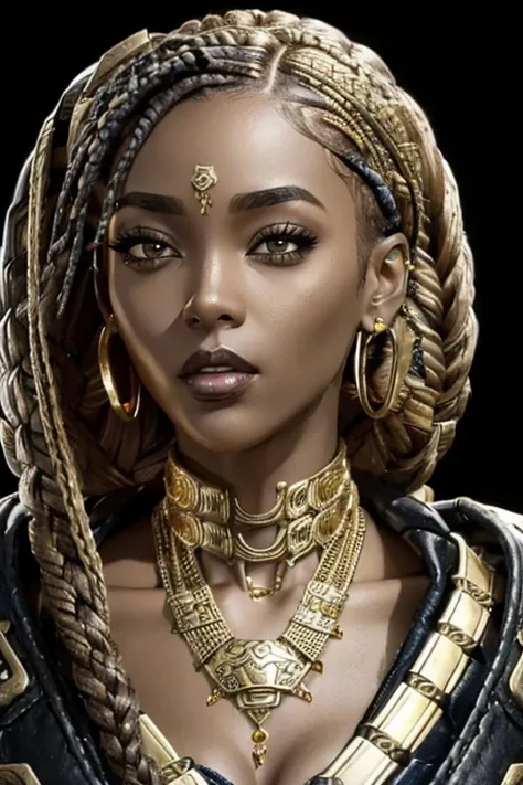 african woman, black woman, in her late twenties, mechaarmor, ssahc, braided hair, lip ring, gold necklace, cyberpunk background...