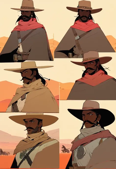 score_9, score_8_up, score_7_up, score_6_up, score_5_up, score_4_up, 1man, Western, Desert, red sun, scorching sun, arid, Horizon, far away, Wild West, red dead Redemption, cartoon art style, Light brown skin, Mexican, poncho, pistol 38, massive mustache, ...