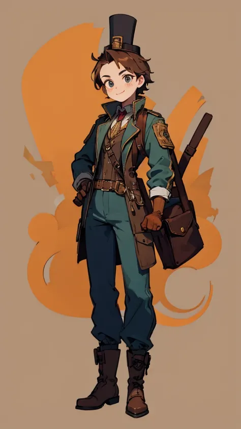 1.steampunk,15 years old,,Goggles on the forehead,A fake smile,gloves,whole body,boots,pants,hat
