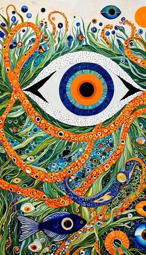 Graininess:Eye、Iris tectorum Maxim、fish、Tentacles、bird、Eye、diatom，Abstract mosaic painting，Describing the inner world of autistic people，Sense of space，White Space，interesting，Innocence，Psychedelic Art，Orange overall