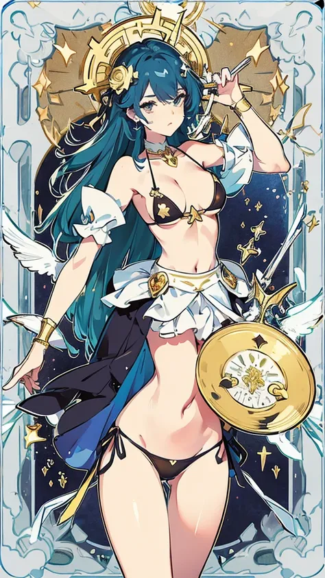 Capricorn、Green Hair、tarot cards,Hands together,Vulcan salute,attention, There is a halo behind the head,finely_detailed, perfect_Body, perfect_Eye, perfect_Face, perfect_finger,Yu-Gi-Oh card game style、(((Voluminous breasts 1.8)))、(((micro bikini 1.4)))、(...