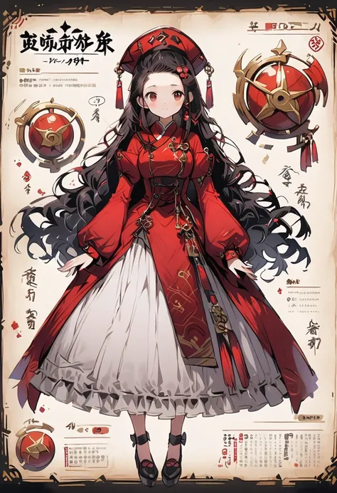 Framed Presentation of a mage, woman character design sheet, with detailed accessories, shoes, multiple weapons, and colorful chinese dresses, Ball Gown, high tech, staffs