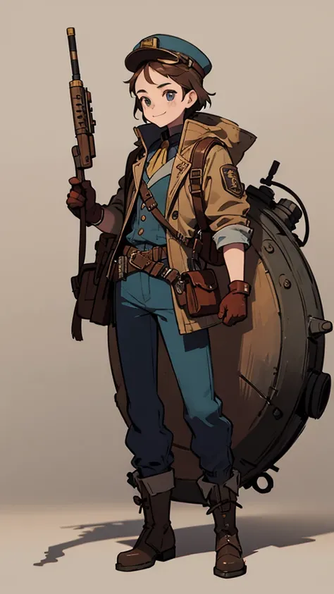 1.steampunk,15 years old,,Goggles on the forehead,A fake smile,gloves,whole body,boots,pants,hat
