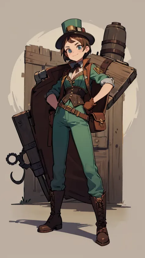 1.steampunk,15 years old,,Goggles on the forehead,A fake smile,gloves,whole body,boots,pants,hat
