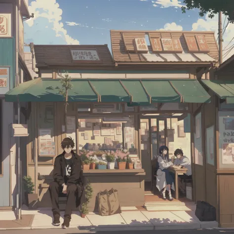 Anime scene with a man and a woman sitting outside a small store, Anime Background Art, in Makoto Shinkai&#39;s style, Makoto Shinkai&#39;s style, Anime Landscape Concept Art, commend, commend art, Low-fidelity illustration style, commend artstyle, Shinkai...