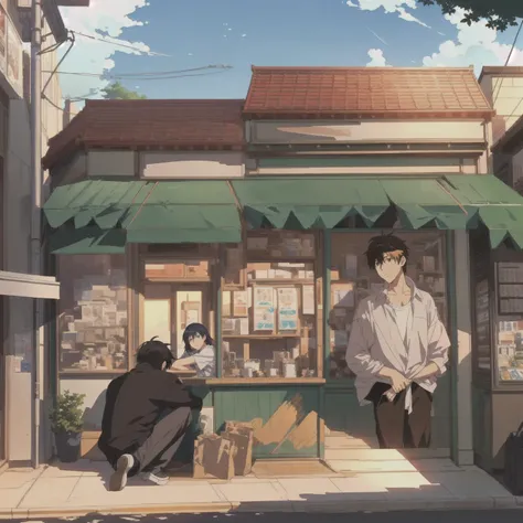 Anime scene with a man and a woman sitting outside a small store, Anime Background Art, in Makoto Shinkai&#39;s style, Makoto Shinkai&#39;s style, Anime Landscape Concept Art, commend, commend art, Low-fidelity illustration style, commend artstyle, Shinkai...