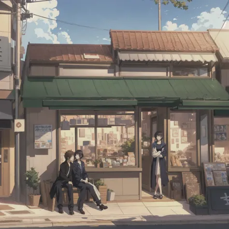 Anime scene with a man and a woman sitting outside a small store, Anime Background Art, in Makoto Shinkai&#39;s style, Makoto Shinkai&#39;s style, Anime Landscape Concept Art, commend, commend art, Low-fidelity illustration style, commend artstyle, Shinkai...