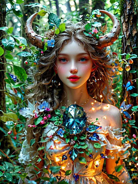 a fantasy creature with feminine qualities standing in a mysterious forest，she has lush hair，charming eyes，(both eyes look at yo...