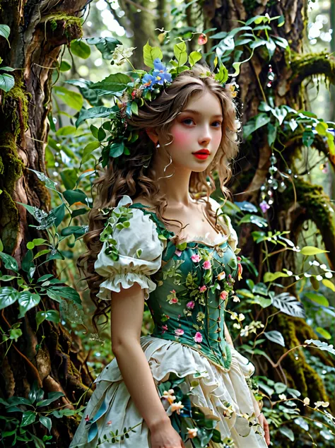 A fantasy creature with feminine qualities standing in a mysterious forest，She has lush hair，Charming eyes，(Both eyes look at you:1.5), ((Front view))，((front))，and wore a bright dress that flattered her figure.，Slender thighs，Crystal Slippers，Charming soc...