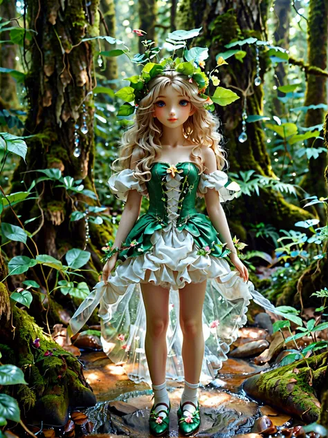 a fantasy creature with feminine qualities standing in a mysterious forest，she has lush hair，charming eyes，(both eyes look at yo...