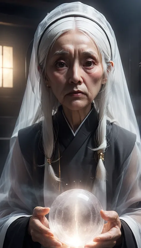 high resolution　high quality　Reality　suspicious　Japan nun　In front of a round crystal　Intimidation　Upper Body　Looming　metallic　Transparency　Facing forward　suspicious雰囲気　Dark atmosphere　Upper Body　Close-up of face　Skinhead　Bloodshot　65 years old　Voluptuous　...