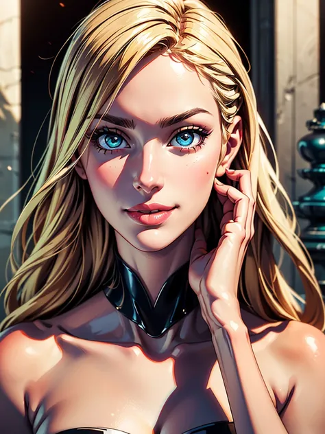 (best quality,ultra-detailed,photo-realistic:1.37),bright and vibrant colors,studio lighting,playful expression,stylish makeup,long blonde hair flowing in the wind,alluring eyes,glossy lips,sexy pose, Steampunk, Clock Tower, smiling in a confident and sedu...