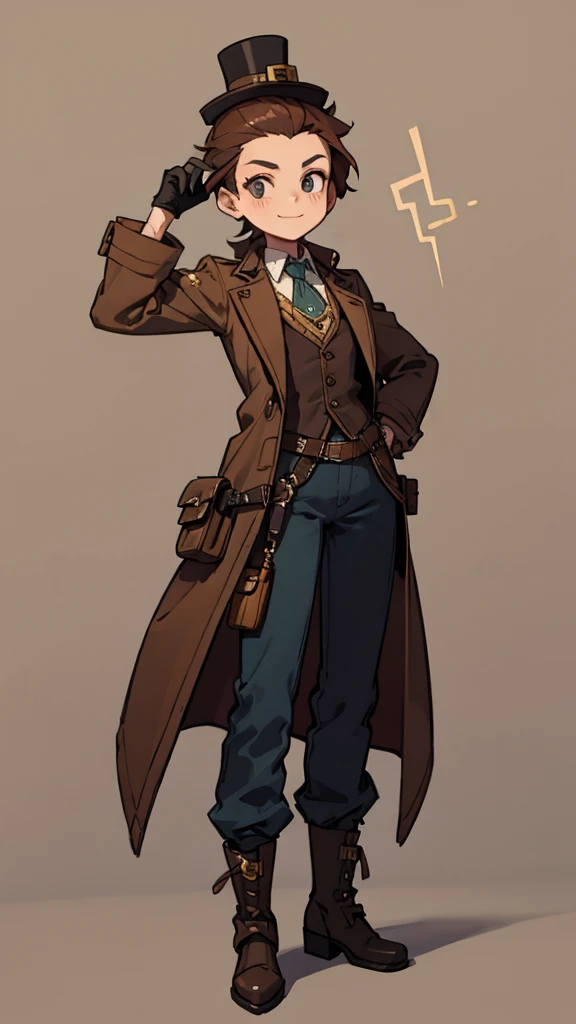 1.steampunk,15 years old,,Goggles on the forehead,A fake smile,gloves,whole body,boots,pants,hat
