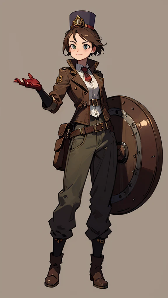 1.steampunk,15 years old,,Goggles on the forehead,A fake smile,gloves,whole body,boots,pants,hat
