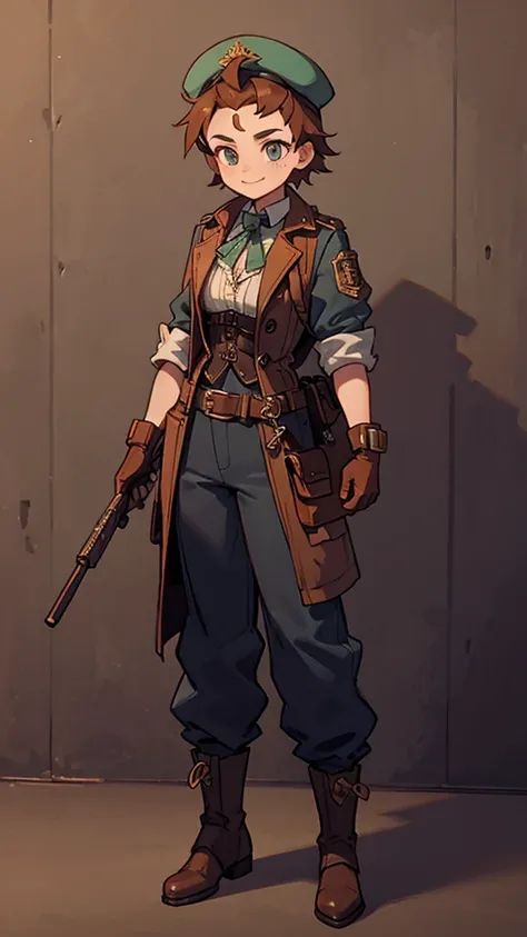 1.steampunk,15 years old,,Goggles on the forehead,A fake smile,gloves,whole body,boots,pants,hat
