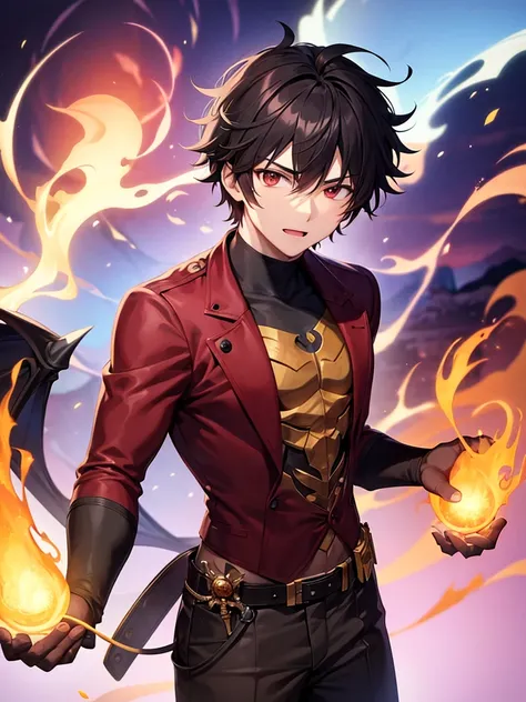 Anime, young guy, demon, holds fireball in his hands near his chest