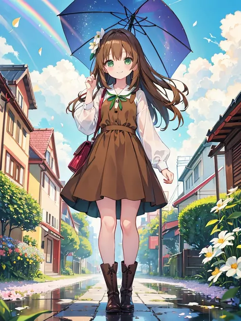 kawaii, anime, Cute, hyper quality, highly detailed, 16k, Front facing, Clarity, smile, full body, one girl, brown long hair, green eyes, Its going to rain, walk in town, blue sky, bright sunlight, brown dress, look up at the sky, wet road, early afternoon...