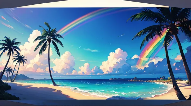 watercolor, rainbow sky, moon, beach, palm tree