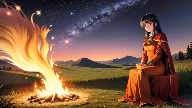 A 16:9 anime-style illustration depicting a female adventurer resting by a campfire on a hill. She is dressed in fantasy attire, including a cloak and light armor. She is sitting by the fire, holding a drink and enjoying a moment of relaxation. The night s...