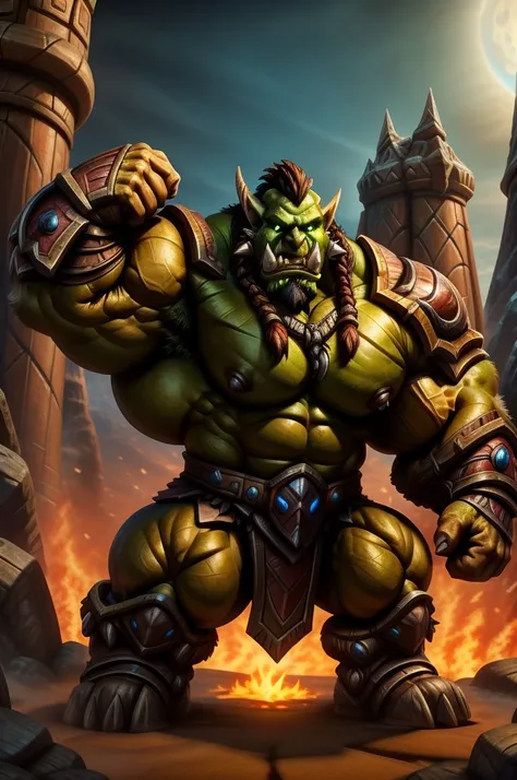 green hyper muscular orc warrior wearing battle armor, bara chest, aggressively flexing, most muscular pose, blizzard entertainm...