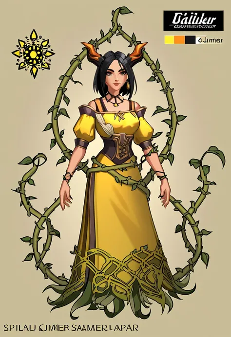 simple style, valorant style,((character concept art)),  yellow medieval summer girl, concept, vines on the hand and horns from vines