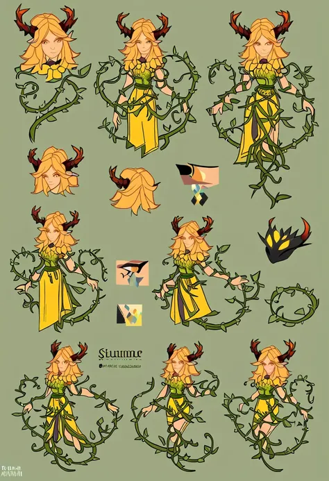 simple style, valorant style,((character concept art)),  yellow medieval summer girl, concept, vines on the hand and horns from vines