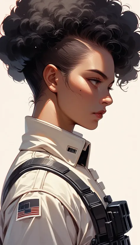 Stormtrooper、Afro-American、20-year-old、woman、Black Hair、profile、Upper Body、Simple Background