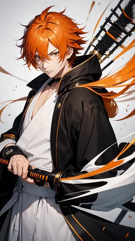 Teenager. Male. Orange hair. Black irises. Round face. Black samurai robe with gold linings. White overcoat. Giant paint brush as weapon.