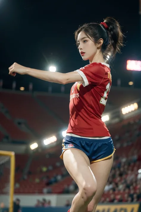 (((best quality))), (((ultra detailed))), (((masterpiece))), illustration,(a beautiful girl,female footballer,solo),(short ponytail:1.2),Spanish team,(short sleeves:1.2),((red jersey, blue shorts)),((slim,thin)),((small breasts,flat chest))),(slender legs:...