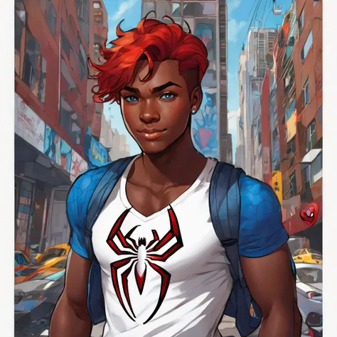 Make me a picture of a red-haired boy, Black-skinned, naughty man, rosto angelical, red hair, blue colored eyes, and effeminate structure, and wearing a short white top t-shirt showing her slim waist with a heart design with Spiderman&#39;s face in the cen...