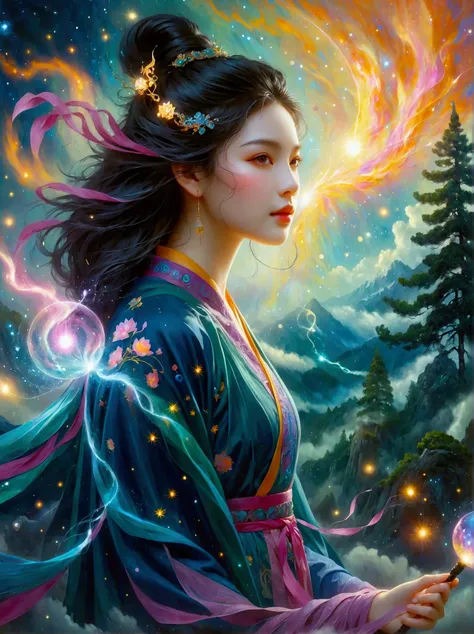 An imaginative scene depicting a youthful female sorceress of East Asian descent, named My. She is powerfully invoking magical spells with her eyes sparkling with arcane energy. Her enchantments are birthing a fresh, ethereal realm. The realm manifests as ...