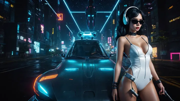 At night, dark sky, distant shot aerial view of fantasy cyberpunk style ice ((Moai-statue)) city, ((flying car)). ((1girl, solo, alone)), medium-breast:1.1 slim body, cleavage, sexy clothes, (headphone, black sunglasses, long black realistic hair), (((hip-...