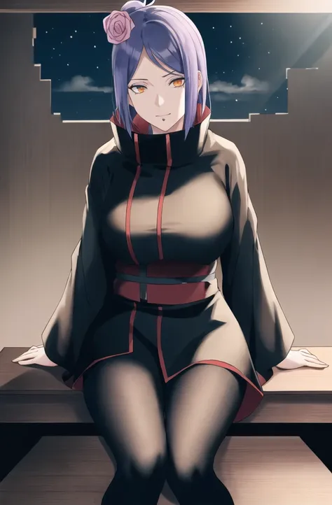 konan (naruto), solo, looking_at_viewer, 1girl, closed_mouth, akatsuki outfit, akatsuki outfit partially taken off, labret piercing, looking at the viewer, (((sitting on the table inside dark room))), night time, busty, large breasts, akatsuki robe with re...