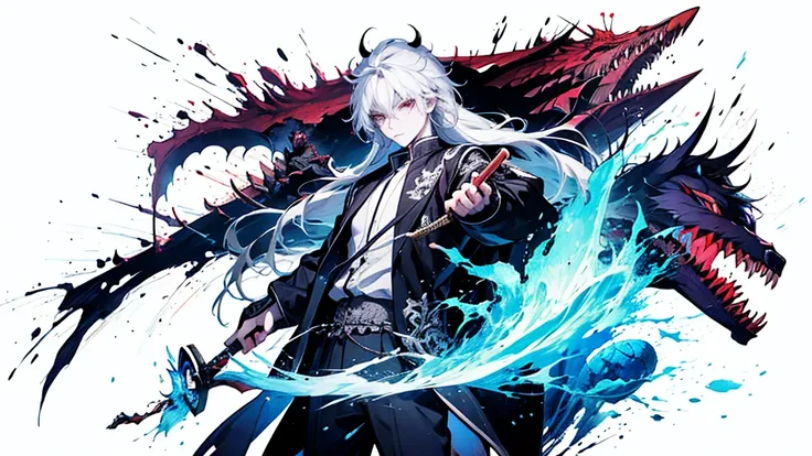 anime, a man with a sword in his hand and a demon in the background, handsome guy in demon slayer art, nagito komaeda, white haired deity, badass anime 8 k, anime epic artwork, high detailed official artwork, by Yang J, anime wallaper, detailed anime chara...