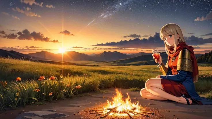 A 16:9 anime-style illustration depicting a female adventurer resting by a campfire on a hill. She is dressed in fantasy attire, including a cloak and light armor. She is sitting by the fire, holding a drink and enjoying a moment of relaxation. The night s...