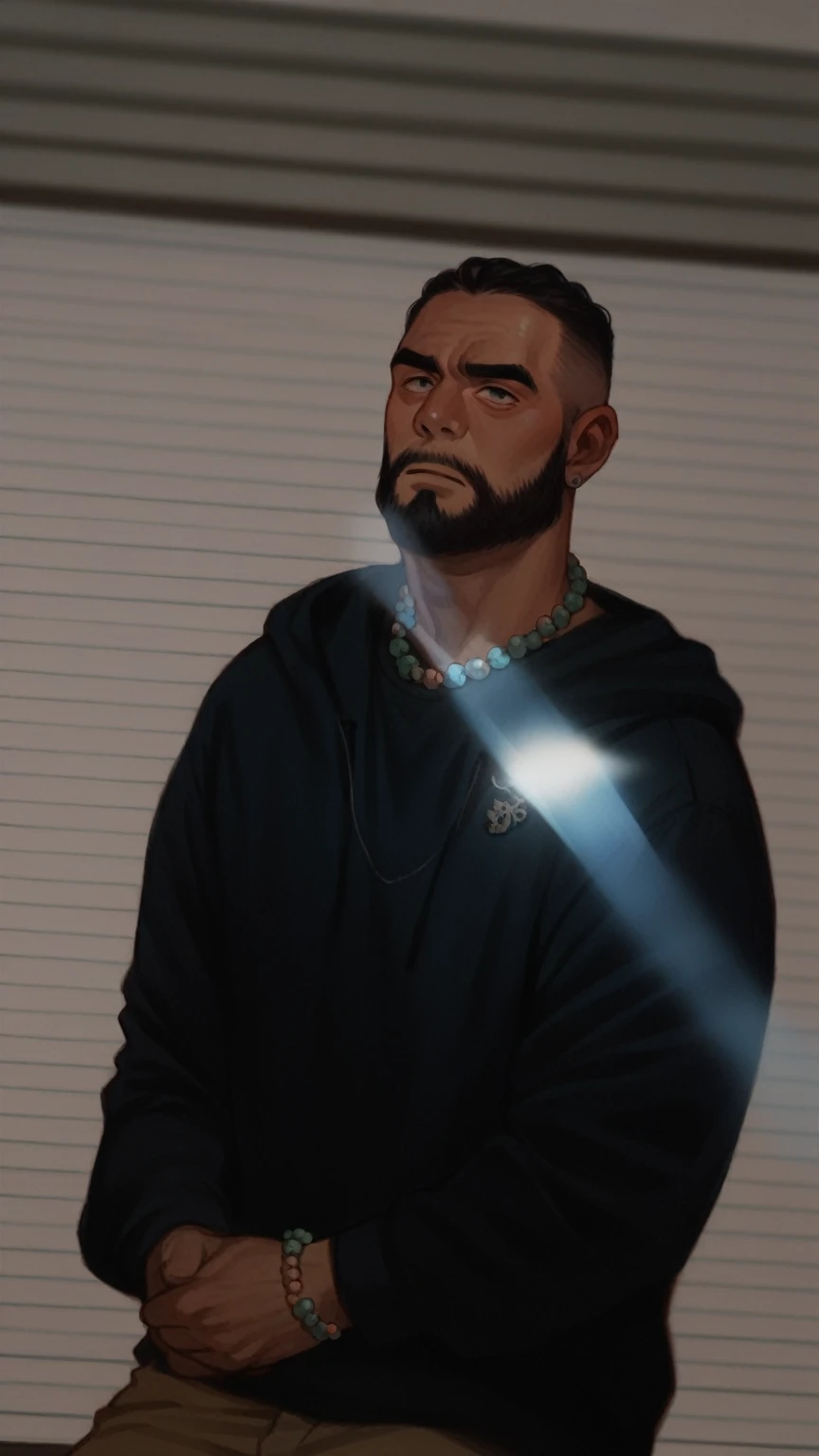 Create an ultra realistic 8k high resolution image of a man with root braids with orange and blue beads at the end of his blonde hair with braids young 25 year old man with Bolivian features with black beard GTA6 style