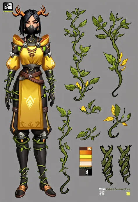 simple style, valorant style,(character concept art),  yellow medieval summer girl, concept, vines on the hand and horns from vines, (full body)