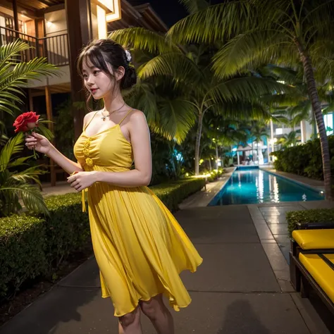 Wearing a yellow dress、A woman enjoying vacation at a tropical resort at night。With a red rose in my hand。